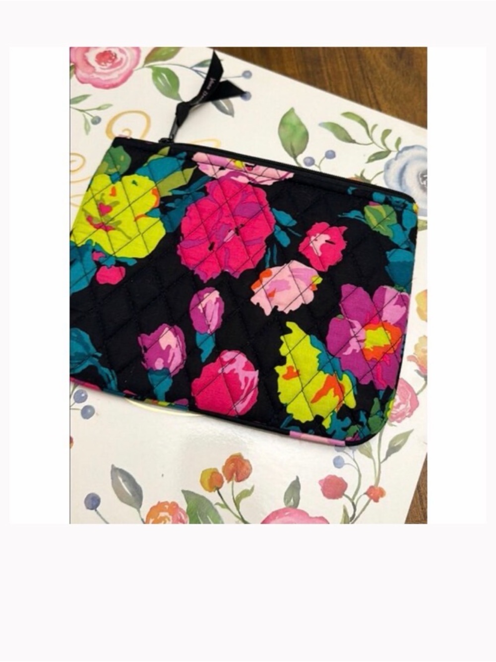 Quilted Floral Zip Pouch - Bright Multi on Black reserved